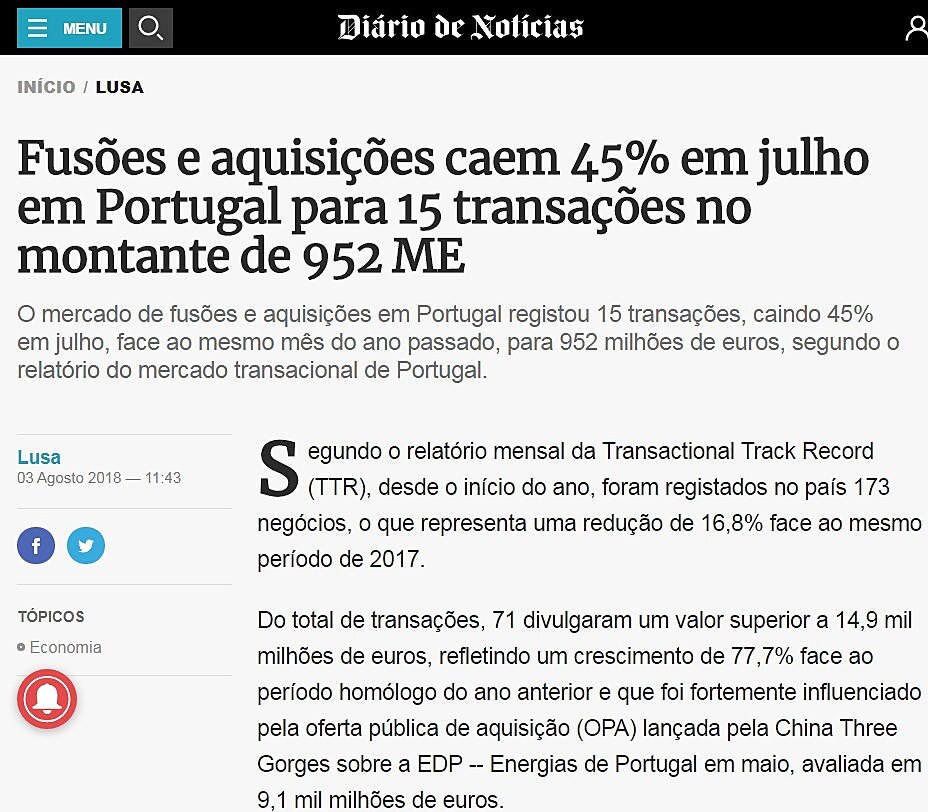 Fuses e aquisies caem 45% em julho em Portugal para 15 transaes no montante de 952 ME
